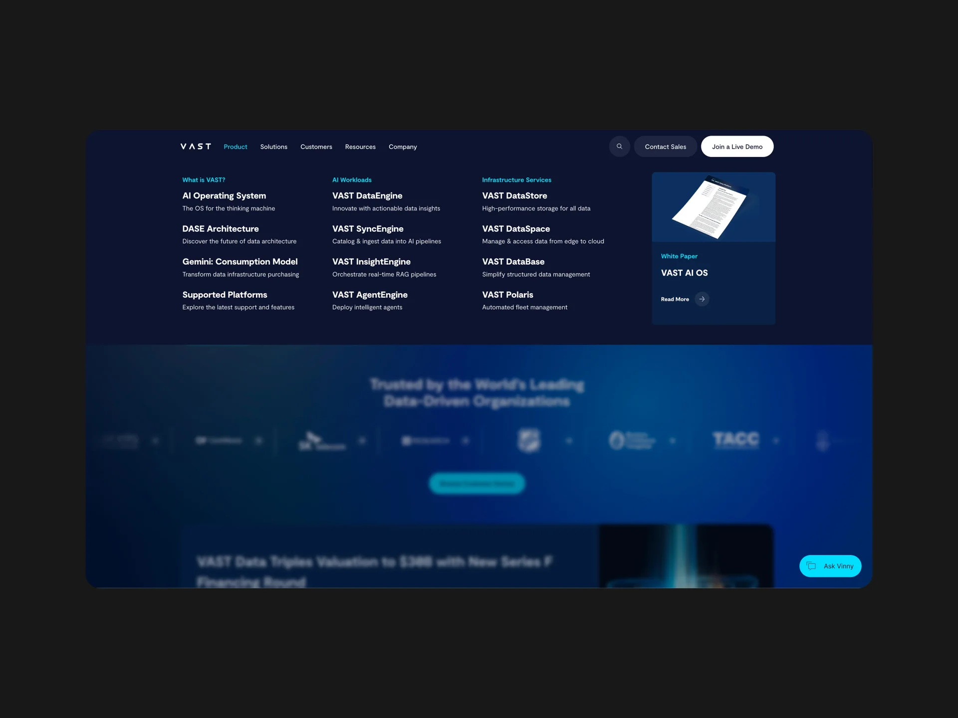 VAST Data product navigation interface